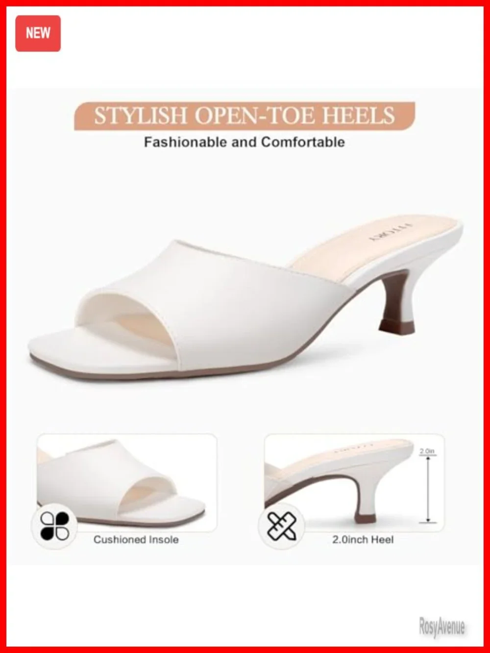 Kitten Heel Sandals, Square Open Toe Slides with Elastic Strap, Dressy Slip-on